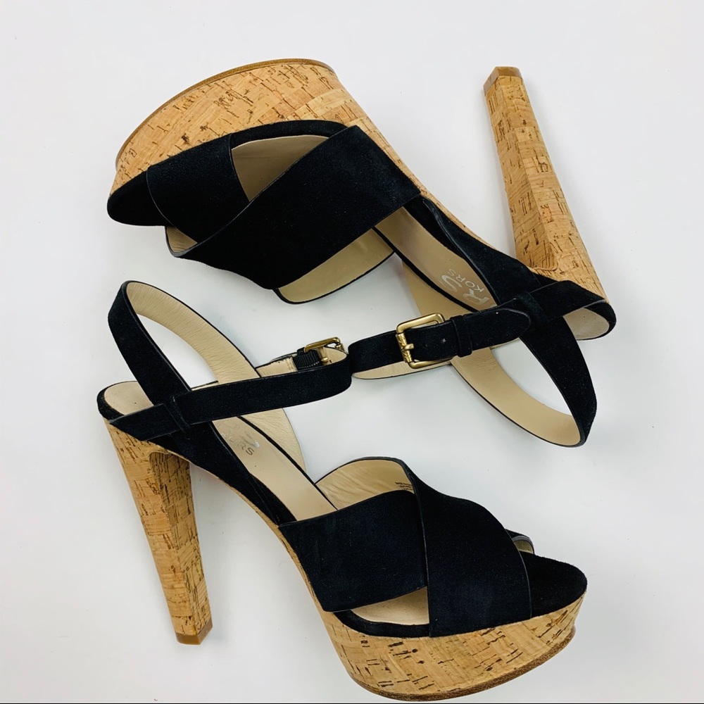 KORS Michael Kors Black Suede Cork Platform Sandal